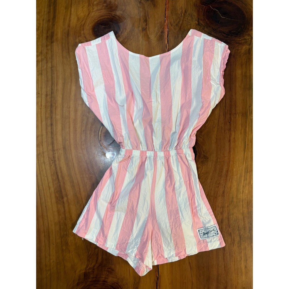 Vintage 80s 90's Fun N Sun Women's Romper L Candy Stripe Open Back Cotton v3-5